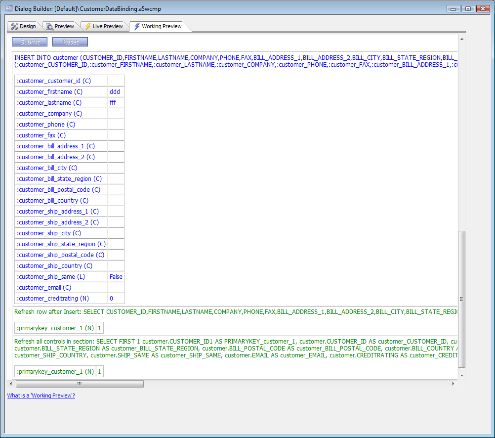 Dialog Data Binding Sql Debug Output